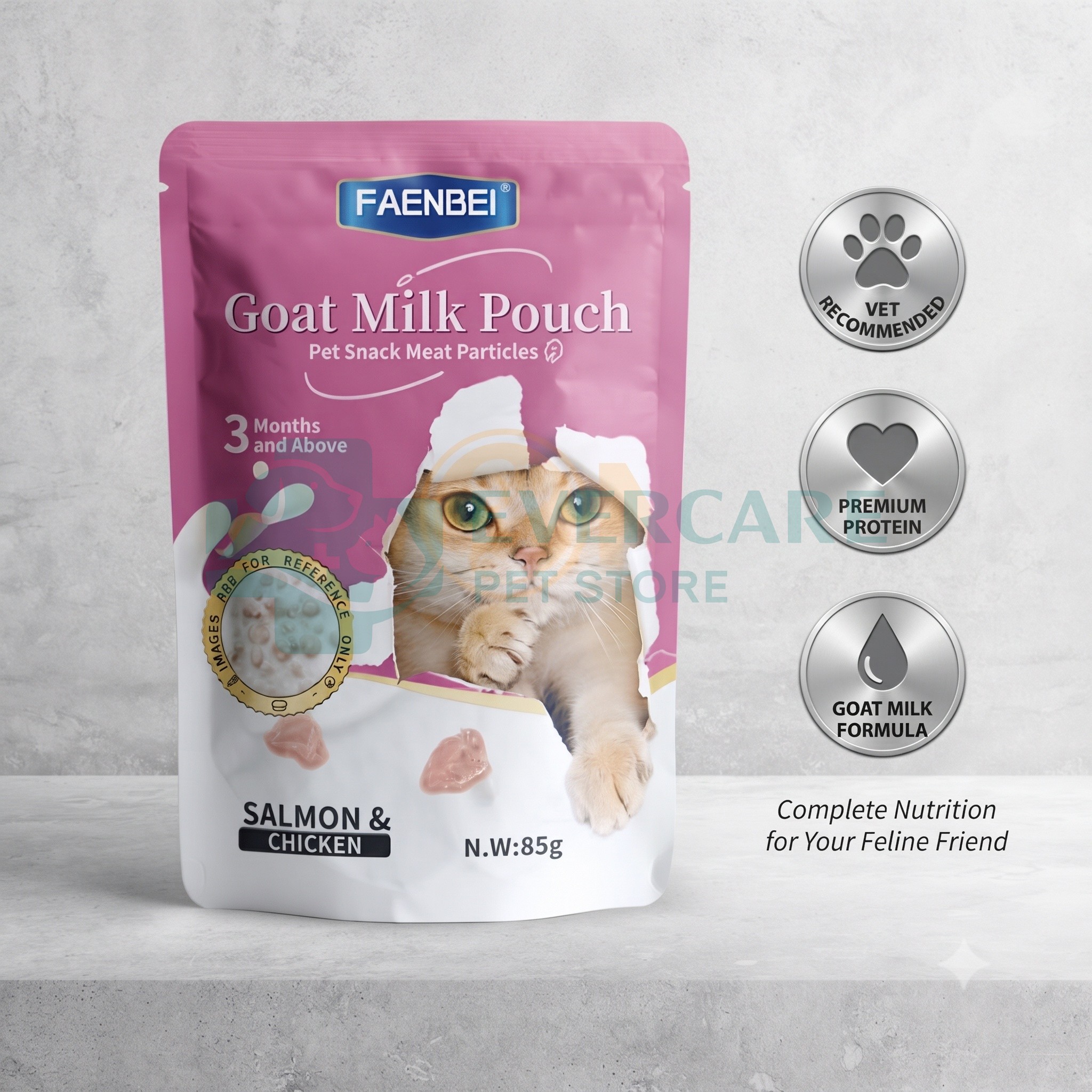 Faenbei Goat Milk Pouch Cat Wet Food Pouch - 85 Gram - Salmon And Chicken