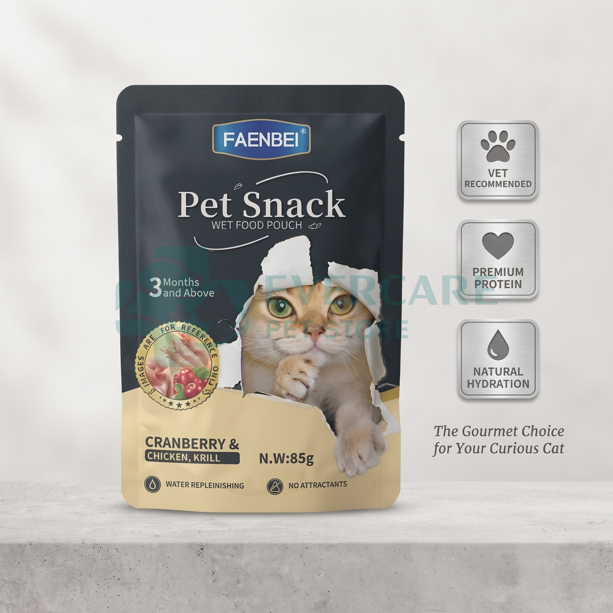 Faenbei Pet Snack Cat Wet Food Pouch - 85 Gram - Cranberry And Chicken, Krill