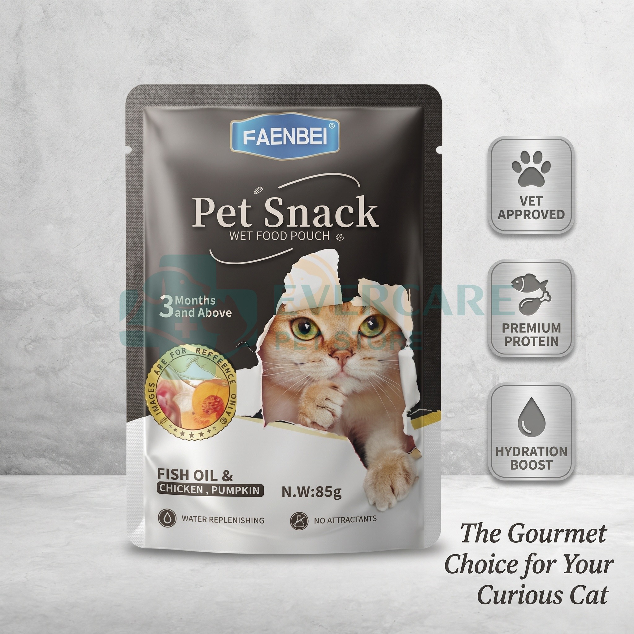 Faenbei Pet Snack Cat Wet Food Pouch - 85 Gram - Fish Oil And Chicken, Pumpkin
