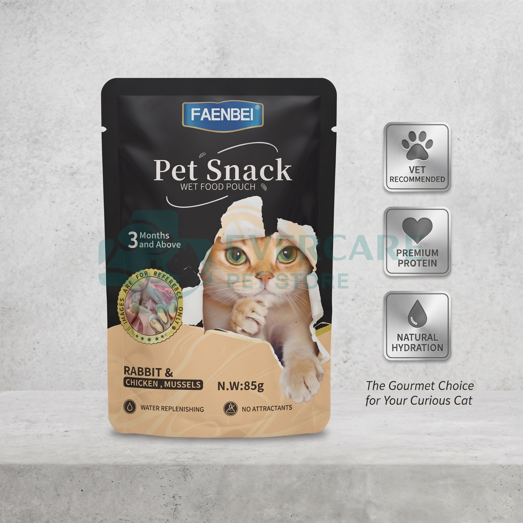 Faenbei Pet Snack Cat Wet Food Pouch - 85 Gram - Rabbit And Chicken, Mussels