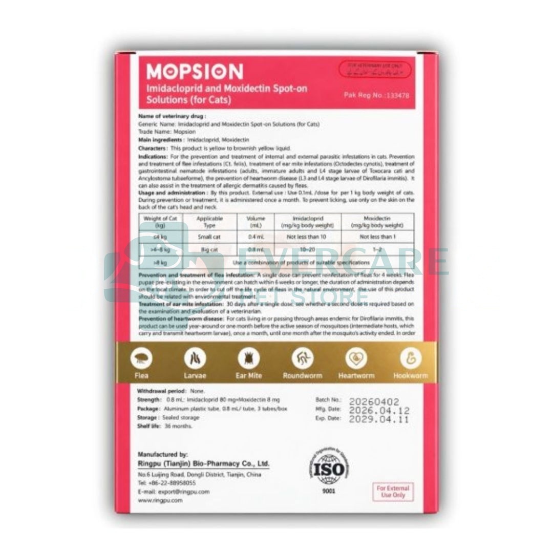 Mopsion Spot On for Cats Under 4kg - Flea, Ear Mite And Worm Protection 1-Tube (0.4ML) thumbnail 3